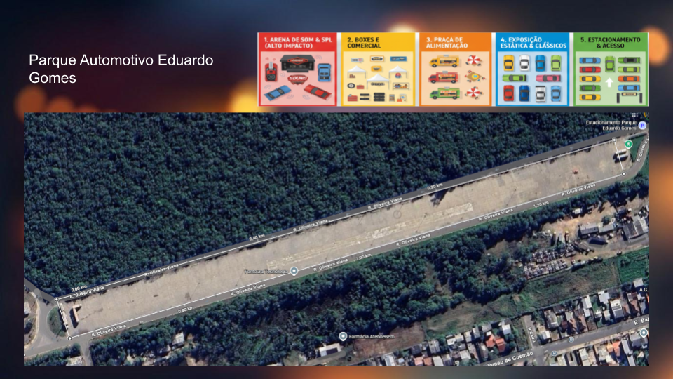 Mapa aéreo do Parque Automotivo Eduardo Gomes com zonas coloridas